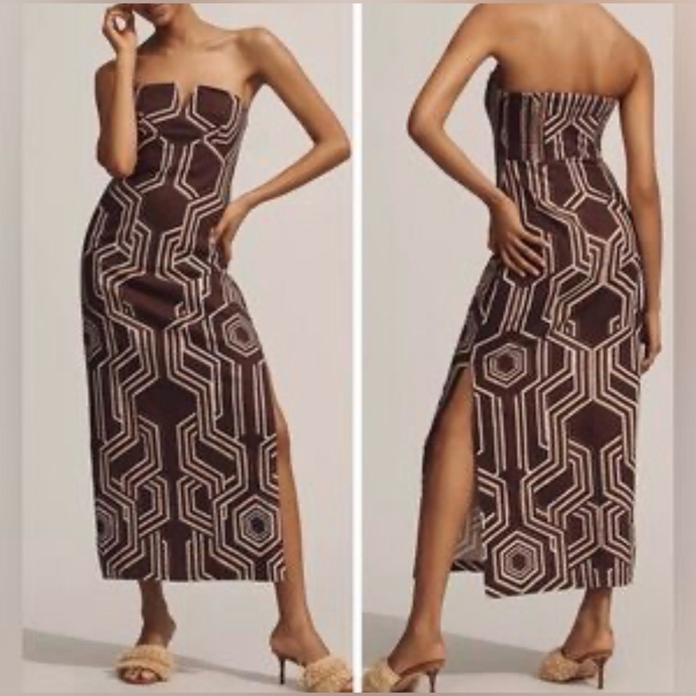 NWT Anthropologie Soleil Linen Geometric Plunge- Neck Midi Dress - Picture 3 of 8